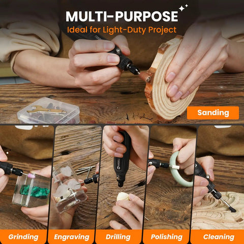 Top Notch Mini Cordless Rotary Tool Accessory Kit With 42 Pieces And 5 Speed Pen Sized Grinder shown in use for sanding wood.