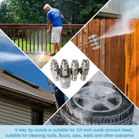Four Way Pressure Washer Nozzle With One Fourth Inch Quick Connect For 4 GPM Units, various cleaning applications.