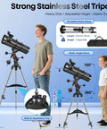 150mm Newtonian Telescope With Equatorial Mount for Beginners and Adults on sturdy tripod with accessories and measurements shown