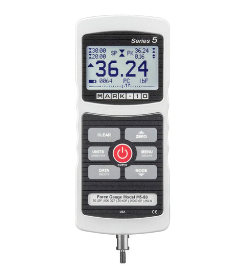 M5 Digital Force Gauge, 200 Lbf Capacity, Built For Speed With 7000 Hz Sampling, USB RS-232 And Analog Outputs, 0.1% Accuracy, 1000 Point Memory, Built In Statistics, Extendable Up To 2000 Lbf 10 kN, front view