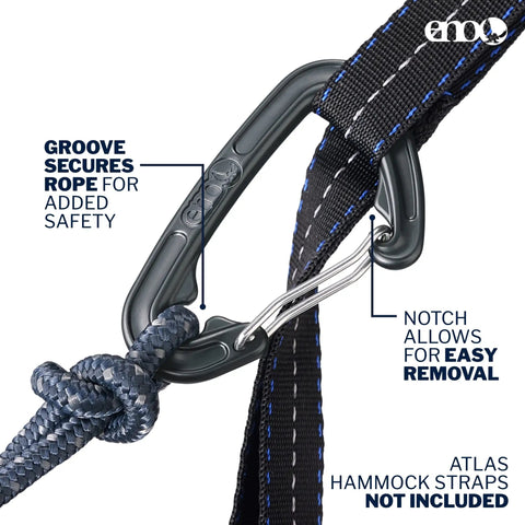 Carabiner and rope detail on DoubleNest Lightweight Camping Hammock For 1 To 2 People With 400 Lb Capacity, 9.5 Ft Long, Royal Navy Color