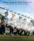 Group of soccer players on a bench with Ultra Fine Misting System With 15000mAh Rechargeable Pump And 33Ft Hose for cooling