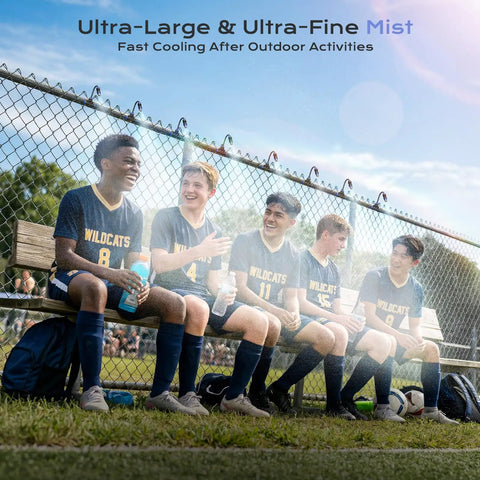 Group of soccer players on a bench with Ultra Fine Misting System With 15000mAh Rechargeable Pump And 33Ft Hose for cooling