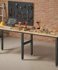 Heavy Duty 84 Inch Workbench With Rubber Wood Top And Steel Frame Supports Up To 5000 Lbs Adjustable Height Built In Pegboard And Power Outlet Ideal For Garage Workshop Studio Or Home Office