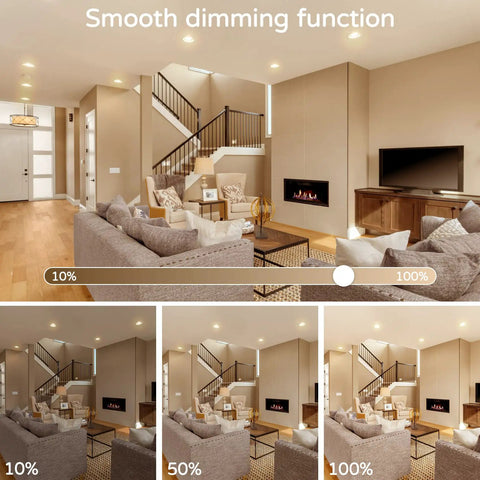 Living room with smooth dimming using Dimmer Friendly MR16 LED Bulbs, 5W, 50W Equivalent, 2700K Warm White lighting, various brightness