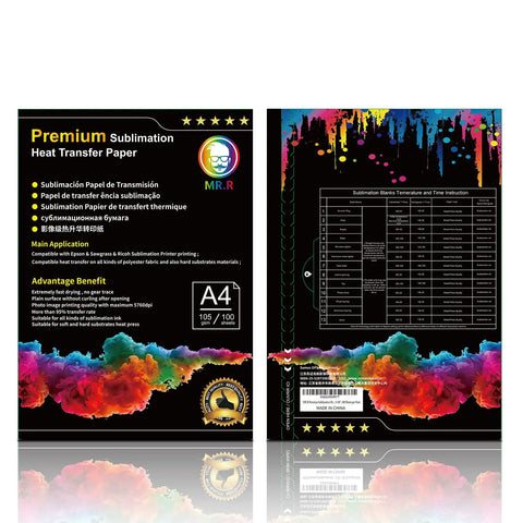 Front and back view of Premium Sublimation Transfer Paper For Epson Sawgrass And Ricoh Printers 105gsm A4 100 Sheets Pack