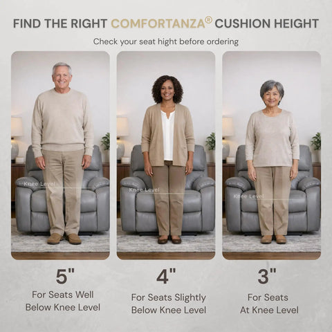 Three seniors standing on recliners, showing height difference for Comfy Memory Foam Armchair Pad For Recliners 22 By 22 By 5 Inches.