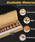 8-Piece Roundover Router Bit Set With 1/4 Inch Shank Carbide Inserts for Woodworking showing solid wood, MDF, plywood, particle board