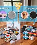 2 In 1 Button And Magnet Maker Machine Kit 58mm DIY Badge And Fridge Magnet Creator Bundle With 50 Badge Parts And 50 Magnet Making Supplies For Easy Custom Badges At Home, 58mm pin badge and fridge magnet examples