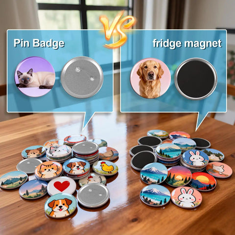 2 In 1 Button And Magnet Maker Machine Kit 58mm DIY Badge And Fridge Magnet Creator Bundle With 50 Badge Parts And 50 Magnet Making Supplies For Easy Custom Badges At Home, 58mm pin badge and fridge magnet examples