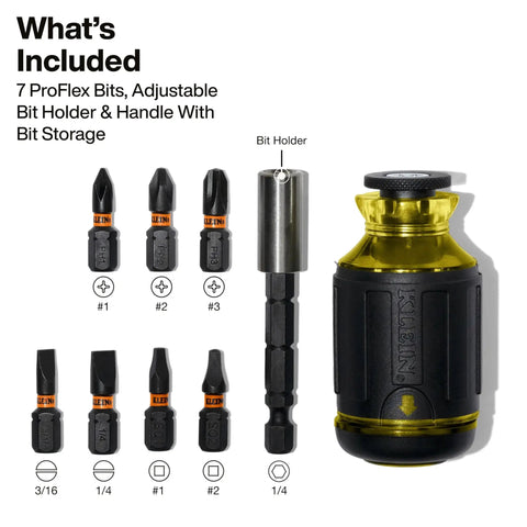 8-In-1 Stubby Screwdriver With Magnetic Handle, bits and nut driver displayed, impact rated, compact tool for tight spots.