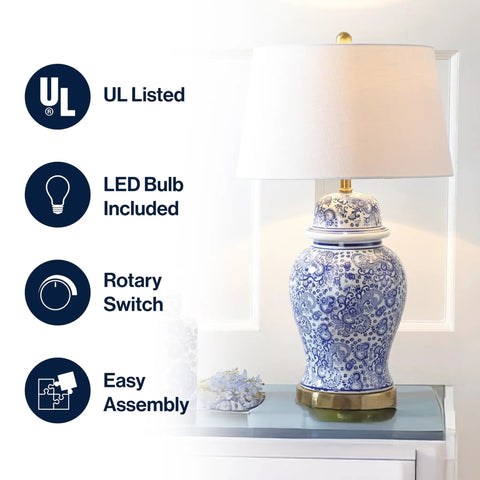 Blue White Ceramic Ginger Jar Table Lamp With White Linen Drum Shade 29.5 Inch Tall Showpiece Classic Chinoiserie Style
