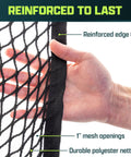 Close-up of 10 Foot By 10 Foot Sports Netting Hitting Net For Golf Baseball Hockey Soccer Lacrosse and more, showing reinforced edge trim.