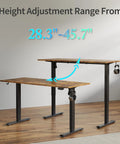 Agilestic Height Adjustable Electric Standing Desk, 55x24 Inch Desktop, Rustic Brown Finish With Advanced Motor System showing height adjustment from 28.3 to 45.7 inches.