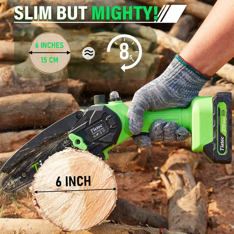 Mini Electric Chainsaw 6 Inch Cordless Handheld Saw With 880 Watt Motor Auto Oiler cutting wood log in yard