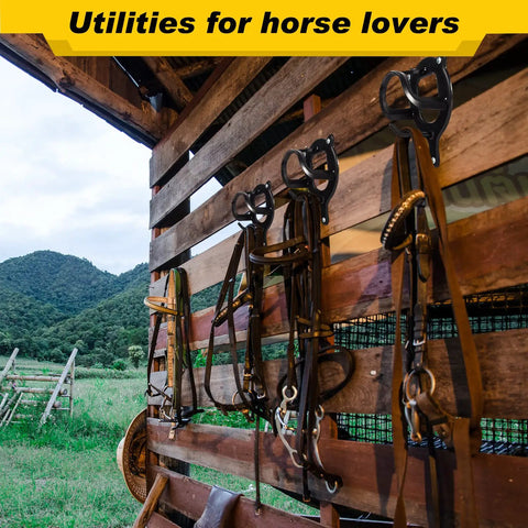 Triple Pack Horse Bridle Rack Hook Set with metal bridle hanger brackets for tack storage in a barn, black finish.