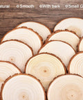 Unfinished Natural Wood Slices With Bark - 20 Pcs 3.5-4 Inch Wood Craft Kit For DIY Projects arranged in a fan on wooden surface.