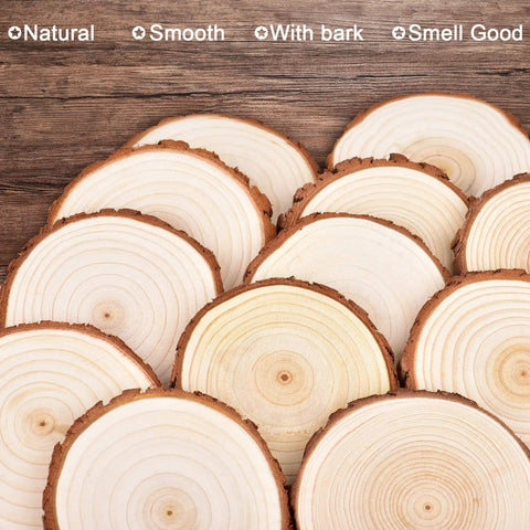 Unfinished Natural Wood Slices With Bark - 20 Pcs 3.5-4 Inch Wood Craft Kit For DIY Projects arranged in a fan on wooden surface.