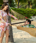 Two people by Caribbean Rope Hammock 10.5 Ft Double Outdoor Hammock With Spreader Bars Hand Woven Polyester on beach