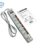 7 Outlet Surge Protector Power Strip With 6 Individually Controlled Switches, 6 Foot Cord, Lifetime Limited Warranty And $25,000 Insurance, Keep Your Gear Safe For PC, Laptop, Printer, Router, TV And Other Home Office Gear, gray strip with manual