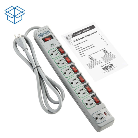 7 Outlet Surge Protector Power Strip With 6 Individually Controlled Switches, 6 Foot Cord, Lifetime Limited Warranty And $25,000 Insurance, Keep Your Gear Safe For PC, Laptop, Printer, Router, TV And Other Home Office Gear, gray strip with manual
