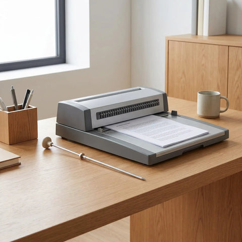 Office desk with Binding Machine Locating Pin And Metal Punch Alignment Peg beside document binder