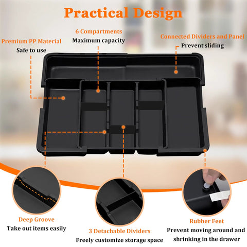 Beefy Expandable Large Silverware Drawer Organizer For Kitchen Drawers Adjustable Cutlery Tray Black Plastic, six compartments visible