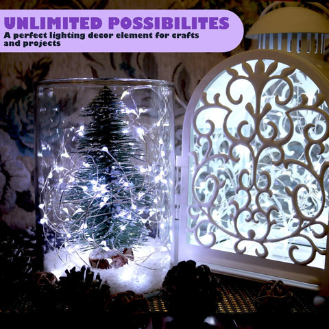 Battery Operated Fairy Lights Six Pack No Remote Waterproof Firefly String Lights On Silvery Copper Wire With Twenty LEDs Each Seven Feet Long For Wedding Patio Bedroom Christmas Decor Cool White in glass jar with tree and lantern