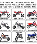 Grid of dirt bikes compatible with 3.5L Dirt Bike Gas Tank With Aluminum Cap, including SSR, Pitster Pro, Honda, Kayo, and Yamaha models.