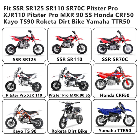 Grid of dirt bikes compatible with 3.5L Dirt Bike Gas Tank With Aluminum Cap, including SSR, Pitster Pro, Honda, Kayo, and Yamaha models.