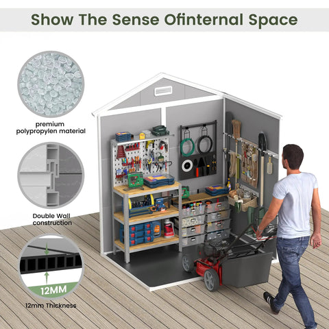 Interior view of lockable plastic garden shed with floor for backyard storage, showing tools and ventilation features, size 6x4.5 ft gray.