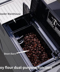 Totally Automatic Espresso Coffee Maker Featuring Responsive Touchscreen Interface, Versatile Whole Bean And Ground Powder Compatibility, Robust Manual Steam Wand For Silky Foam, And Sleek Black Chassis To Level Up Your Daily Caffeine Game Instantly showing bean storage and powder compartment.