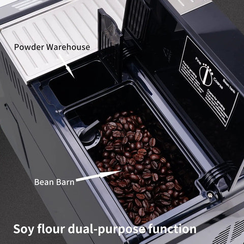 Totally Automatic Espresso Coffee Maker Featuring Responsive Touchscreen Interface, Versatile Whole Bean And Ground Powder Compatibility, Robust Manual Steam Wand For Silky Foam, And Sleek Black Chassis To Level Up Your Daily Caffeine Game Instantly showing bean storage and powder compartment.