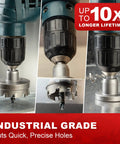 Carbide Hole Saw Kit 5 Piece Set With Pilot Drill Bit for hard metal cutting, shown in use with drills in industrial setting.
