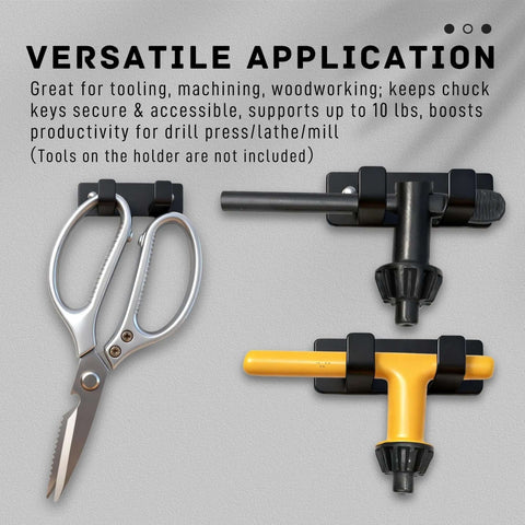 Two-pack magnetic chuck key holders mounted on a gray wall; black metal, holds drill press chuck keys and workshop tools.