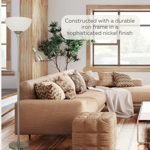 Adjustable Metal Floor Lamp With Side Reading Light In Satin Nickel Finish 150 Watt in modern living room