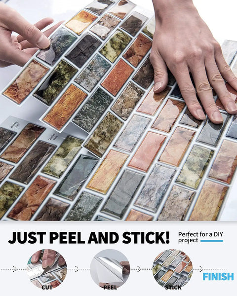Hands applying Peel And Stick Vinyl Backsplash Tiles 12x12 Colorful Marble Design 10 Piece Set for kitchen and bathroom upgrade