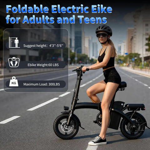 Rider on Folding Electric Bike With 1000W Peak Motor 25 MPH Top Speed 14 Inch E Bike 48V 10Ah Battery in city street