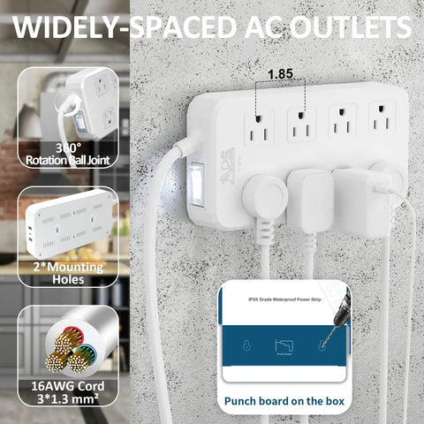 Weatherproof Outdoor Power Strip With 8 Spaced Outlets, 3 USB Ports And USB C, 6 Ft Extension Cord, wall mounted view