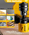 Bi-Metal Hole Saw Kit 7-Piece Set shows cutting capability on wood, metal, and PVC, not ideal for concrete or glass.