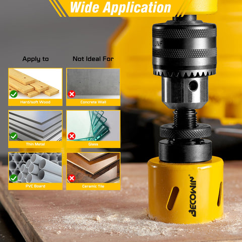 Bi-Metal Hole Saw Kit 7-Piece Set shows cutting capability on wood, metal, and PVC, not ideal for concrete or glass.