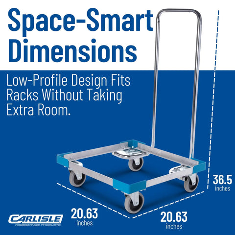 Aluminum Dishwashing Racks Dolly With Handle For Kitchens And Restaurants, 20.63 By 20.63 Inch Base, 36.5 Inch Tall, Holds 19.75 Inch Square Glass Racks, Blue, Four Inch Non Marking Casters, 300 Pound Capacity, BPA Free And Easy To Clean