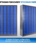 Front and side view of 100 Drawer Parts Cabinet For Tools And Hardware Organization With Alloy Steel Frame And ABS Drawers In Silver And Blue Finish Includes Label Stickers Heavy Duty Garage Shop Storage For Nuts Bolts Electronics And Office.