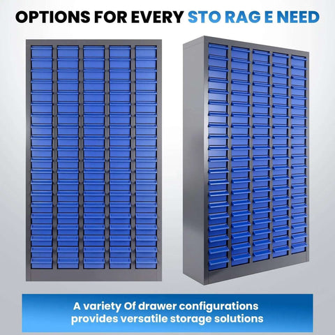 Front and side view of 100 Drawer Parts Cabinet For Tools And Hardware Organization With Alloy Steel Frame And ABS Drawers In Silver And Blue Finish Includes Label Stickers Heavy Duty Garage Shop Storage For Nuts Bolts Electronics And Office.