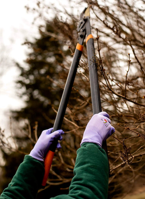 Woman pruning branches with Women Gardening Gloves With Micro Foam Palm Coating And Textured Grip For Weeding Digging Raking And Pruning.