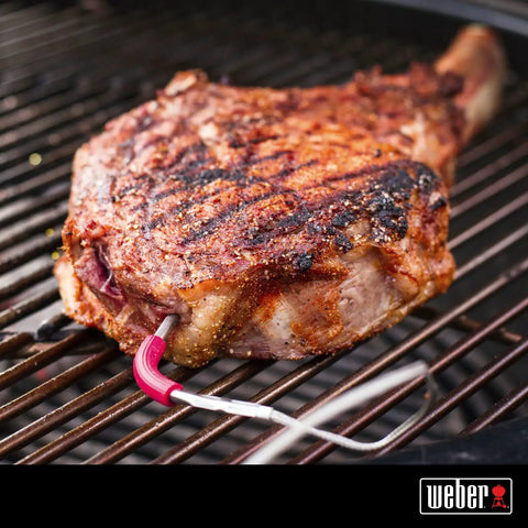 Grilling meat with iGrill Pro Stainless Steel Meat Probe With Four Color Coded Sleeves And Handy Storage Wrap For Simultaneous Monitoring Of Four Probes On iGrill Mini 2 And 3 Thermometers inserted
