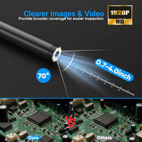1920P HD Borescope With 8 Adjustable LEDs Semi Rigid Endoscope showing 70° angle vision and comparison of circuit boards