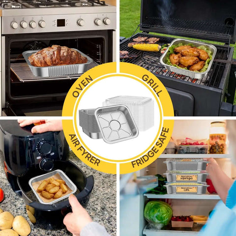 30 Pack Disposable Aluminum Foil 8x8 Inch Square Pans With Lids Parchment Paper Sheets And Stickers Kit used for baking, grilling, air frying, storing.