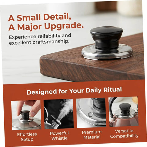 Upgrade Your Whistling Kettle With This Stainless Steel Knob Replacement Kit That Offers An Easy Install, Comfortable Grip, And Durable Build To Protect Your Lid Handle While Keeping Kitchen Swag Super Fresh. black stainless steel kettle lid knob on metal base