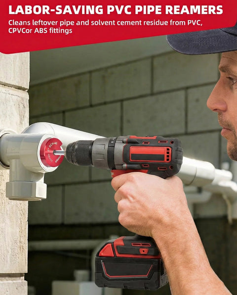ERAYCO 3/4-inch PVC pipe reamer tool in a red/black cordless drill being used on a PVC fitting.